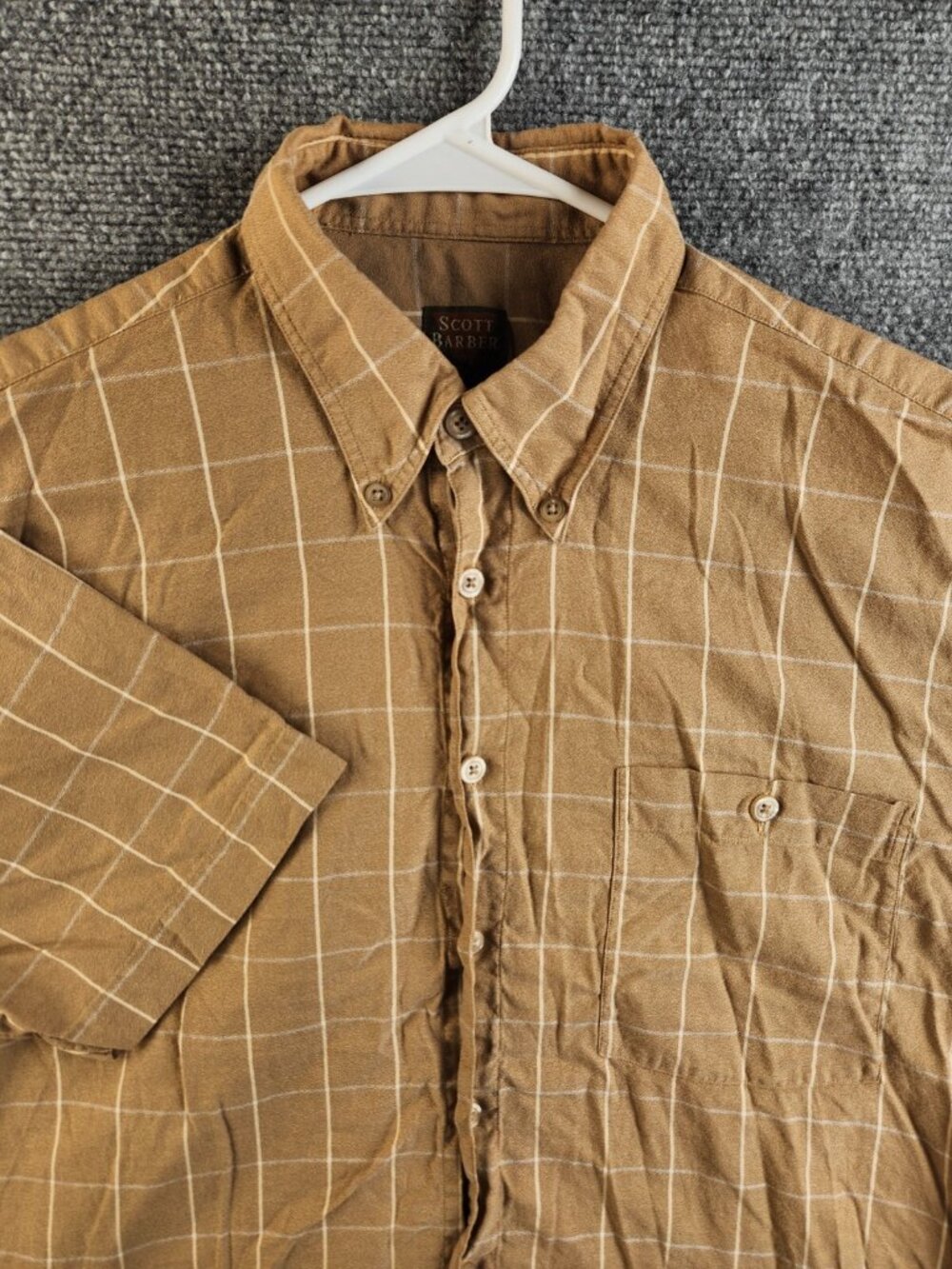 Scott Barber Men Medium Beige Plaid Short Sleeve Button Up Shirt 100% Cotton